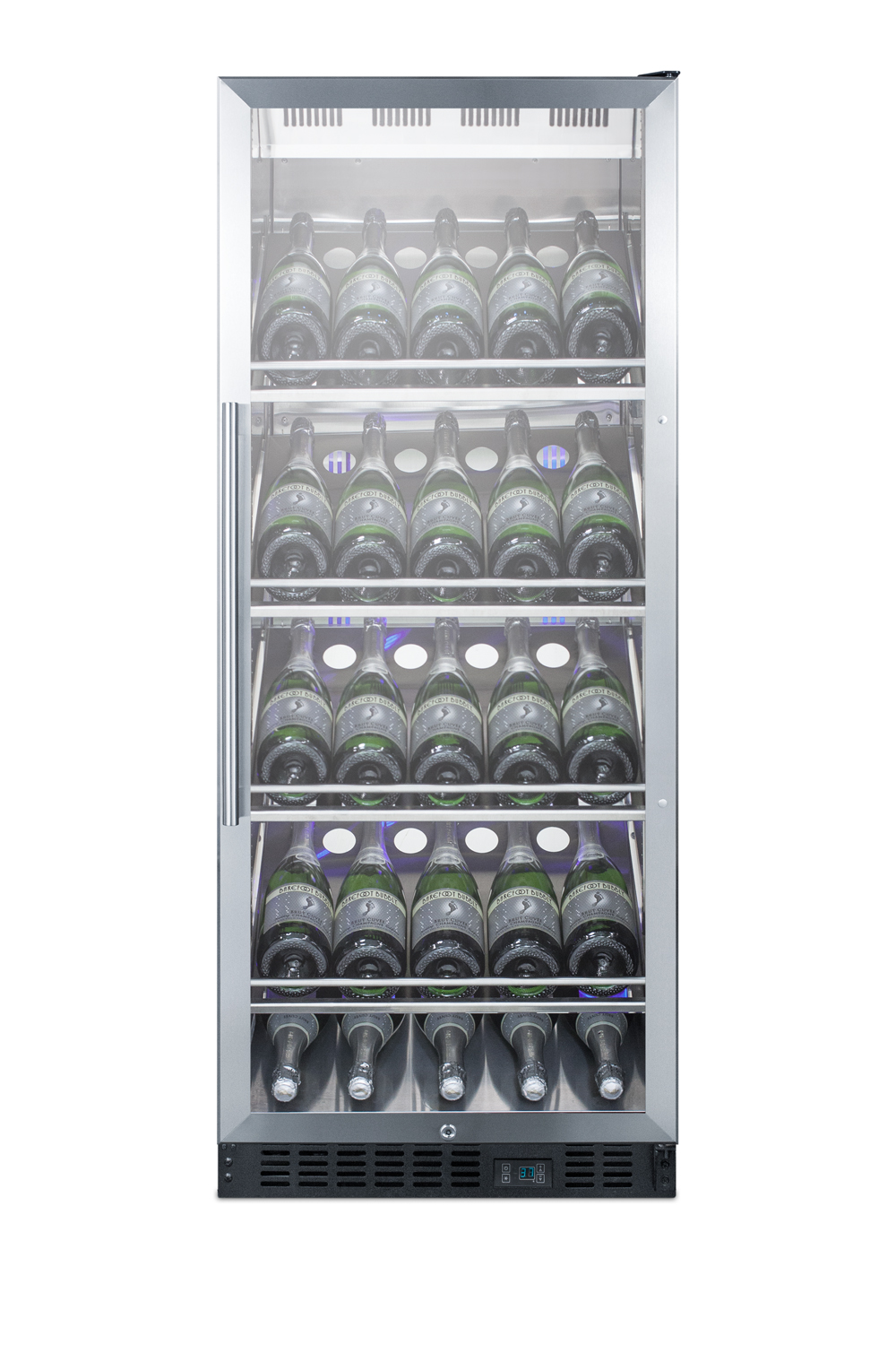 Full-size commercially listed wine cellar with stainless steel interior, champagne shelving, digital controls, self-closing glass door, and stainless steel cabinet